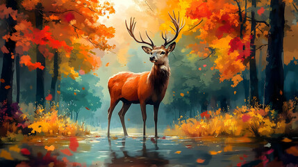 A majestic deer stands in a serene forest with vibrant autumn foliage and a reflective pond.
