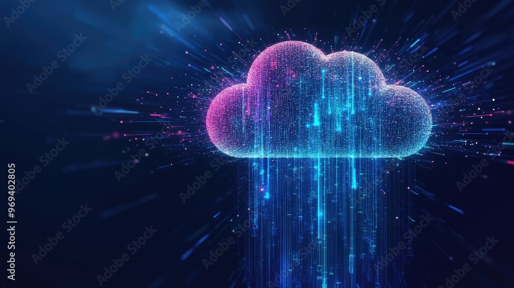 Poster a cloud storage concept with data streams flowing to and from a digital cloud icon, representing con