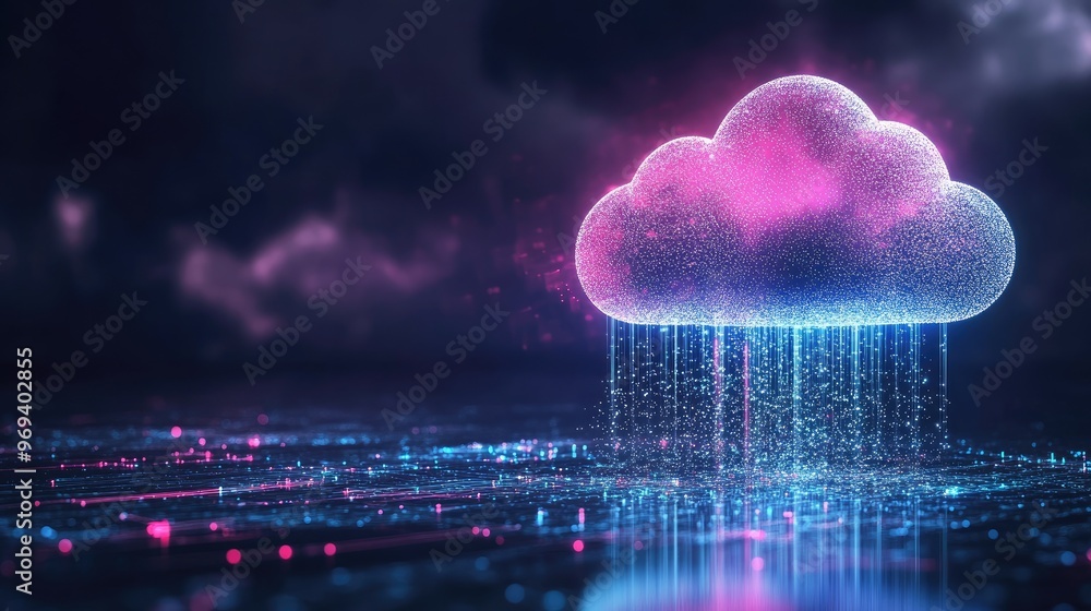 Poster a cloud storage concept with data streams flowing to and from a digital cloud icon, representing con