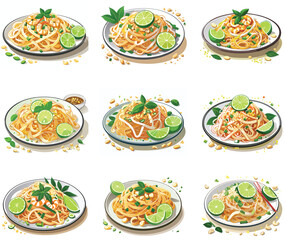 A plate of Pad Thai with lime wedges and peanuts