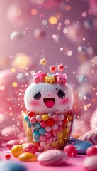 Cute dessert with a smiling face topped with colorful decorations sitting in a cup surrounded by candy and sparkles