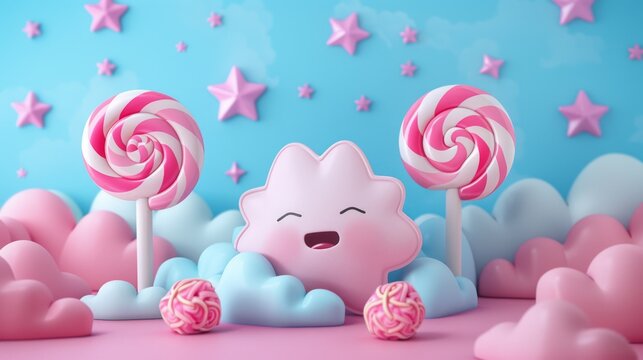 Playful pastel candy landscape with a cheerful cloud character and colorful lollipops surrounded by fluffy pink clouds