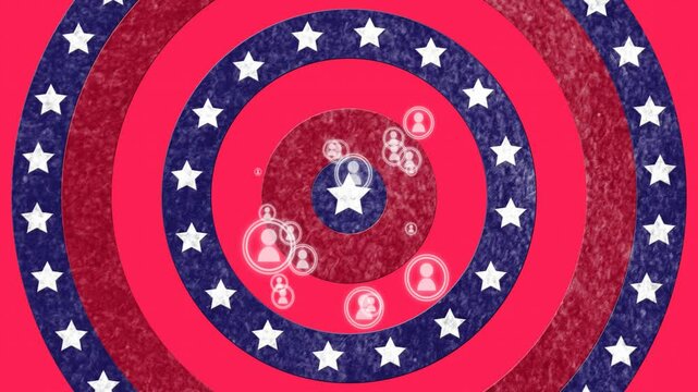 Animation of social media icons over red and blue circles with stars