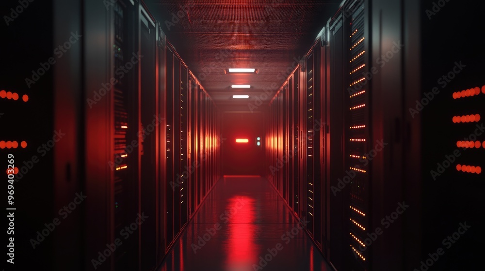 Poster a computer server room with glowing led lights, representing the backbone of digital data storage
