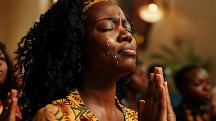 Black woman in a yellow dress is praying with tears on her cheeks, surrounded by others in a warmlite setting. - Powered by Adobe