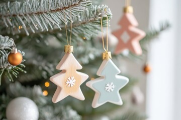 Décorations sapin pastel en bois suspendues sur branches de sapin