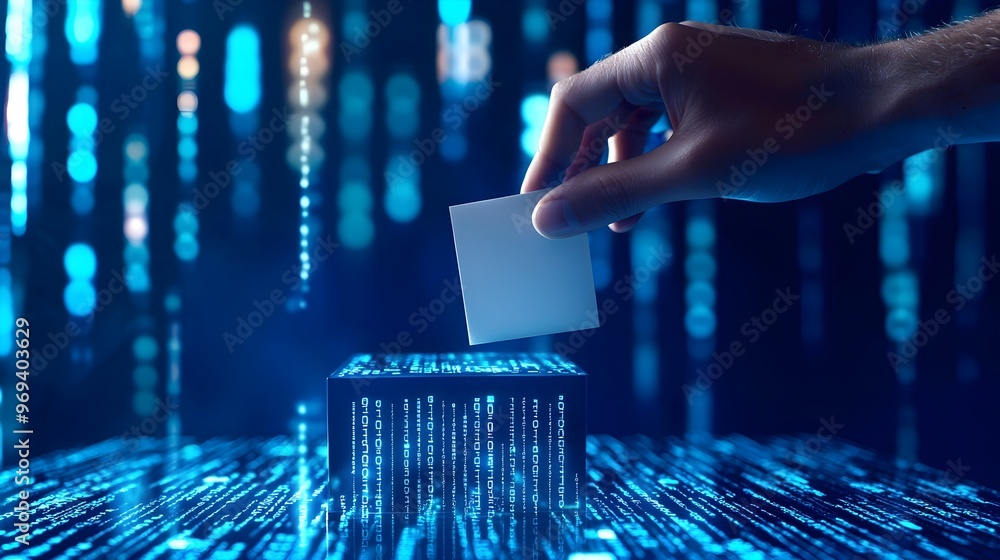 Aufkleber hand casting digital ballot in binary coded ballot box for digital democracy