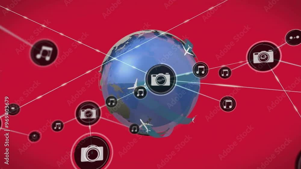 Poster animation of network of connections with icons over globe on red background
