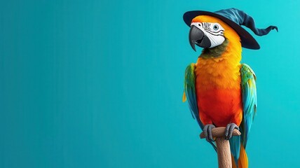 Parrot in a tiny witch hat, perched on broomstick, 3D illustration