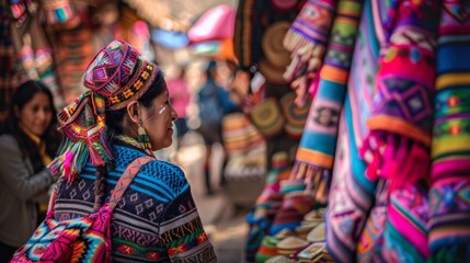 Fototapeta premium Colorful Market Scene with Vibrant Textiles and Traditional Attire