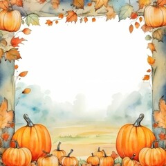 Watercolor Autumn Harvest Frame with Pumpkins and Fall Leaves. Thanksgiving Background