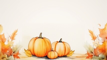 Naklejka premium Watercolor Autumn Harvest Frame with Pumpkins and Fall Leaves. Thanksgiving Background