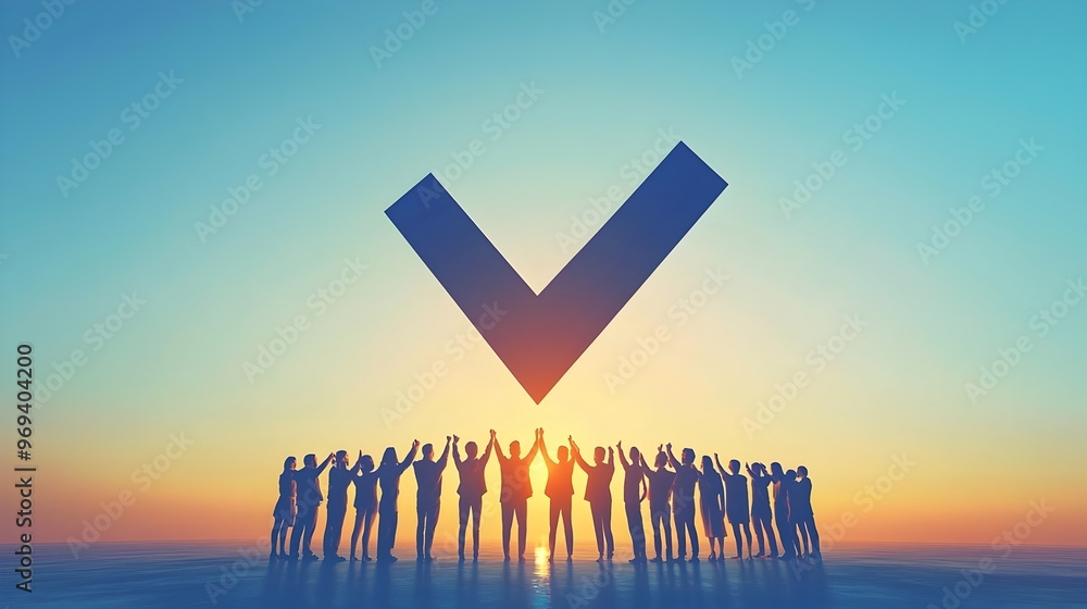 Poster interconnected silhouettes forming a symbolic check mark signifying unity and decision