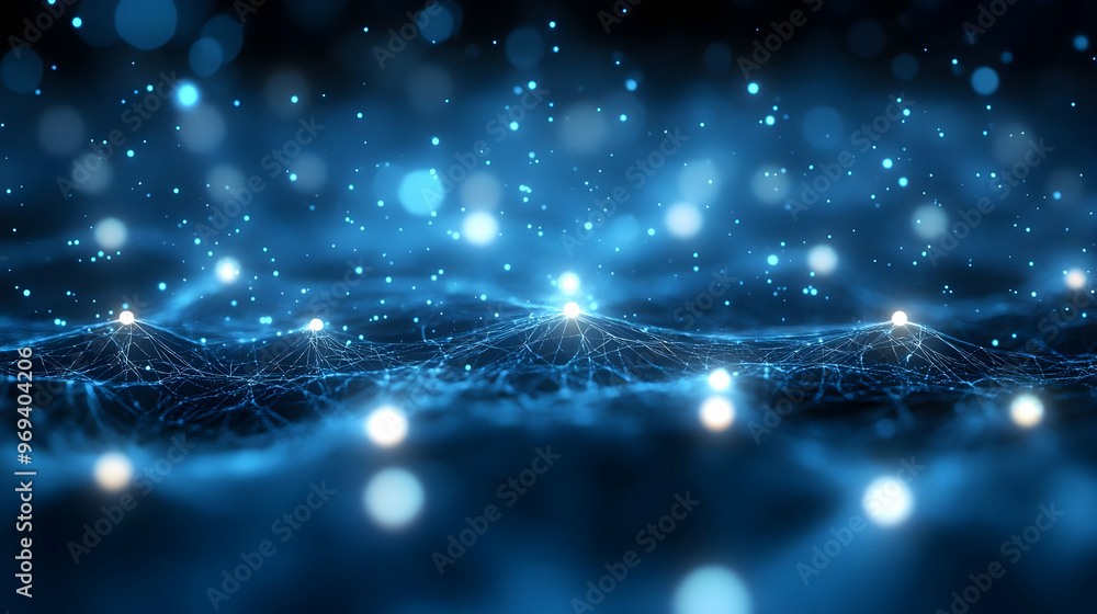 Poster a mesmerizing blue abstract background with glowing particles and a network-like structure.