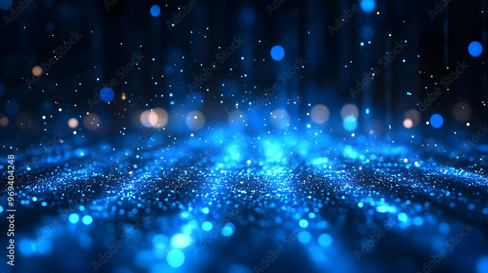 Poster a mesmerizing blue abstract background with shimmering particles and light effects.