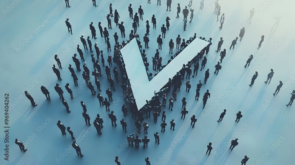 Poster abstract silhouettes forming a giant check mark symbol of unity and decision