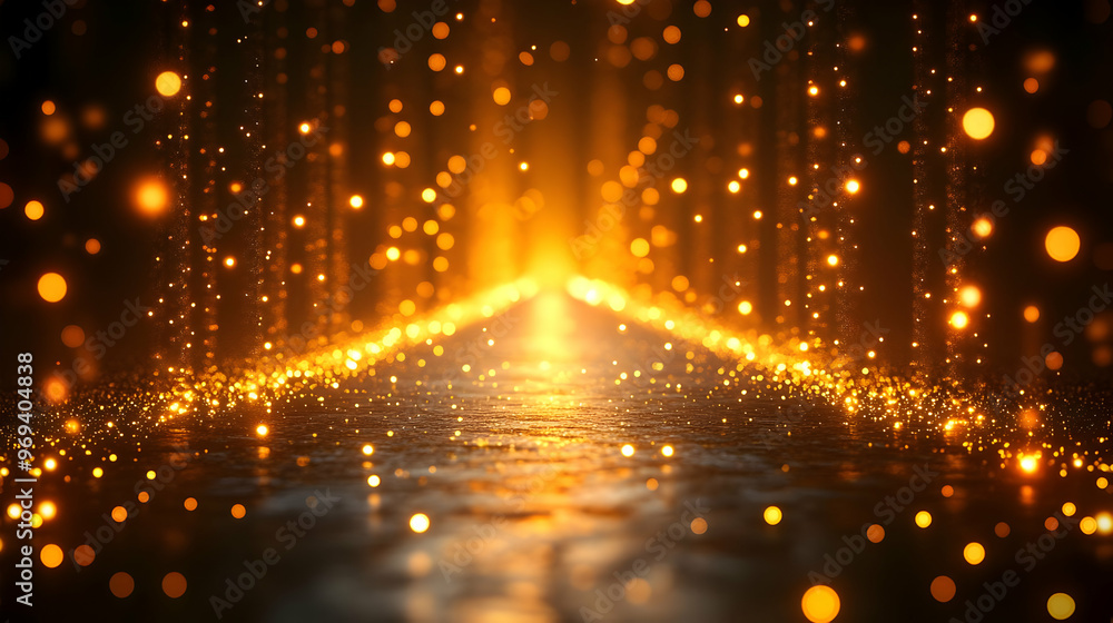 Poster a mesmerizing path illuminated by golden particles, creating a magical atmosphere.