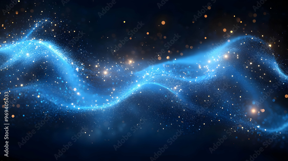 Poster a mesmerizing wave of blue light with sparkling particles, evoking a sense of motion.