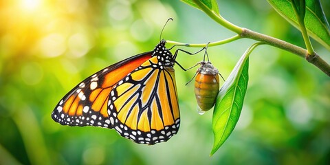 Fototapeta premium A delicate monarch butterfly emerges from a chrysalis, its vibrant orange wings slowly unfolding, surrounded by lush green leaves and soft, diffused natural light.