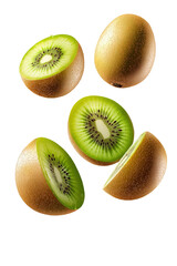 Fototapeta premium Falling kiwi fruit and kiwi cut in half isolated on a transparent background. cut out in PNG format for graphic design, isolated on a white background.
