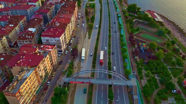 Aerial view a city with a bridge.