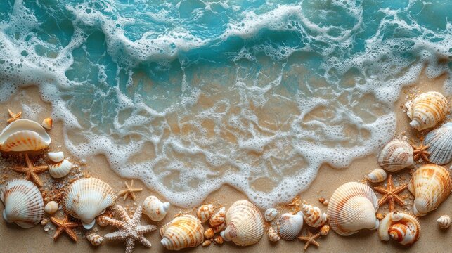 A serene beach scene with seashells and gentle waves.