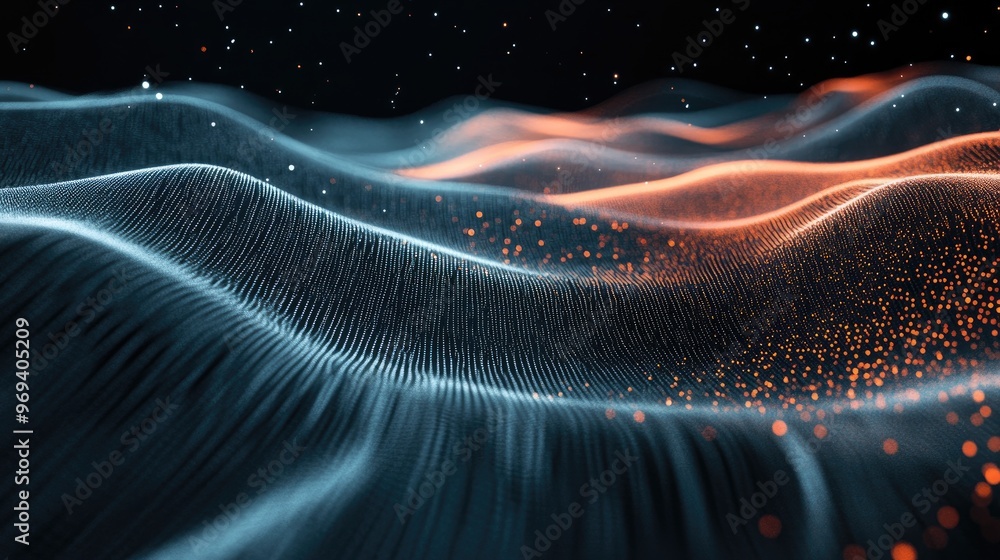 Poster a dark background with swirling lines of light representing the fast movement of digital data
