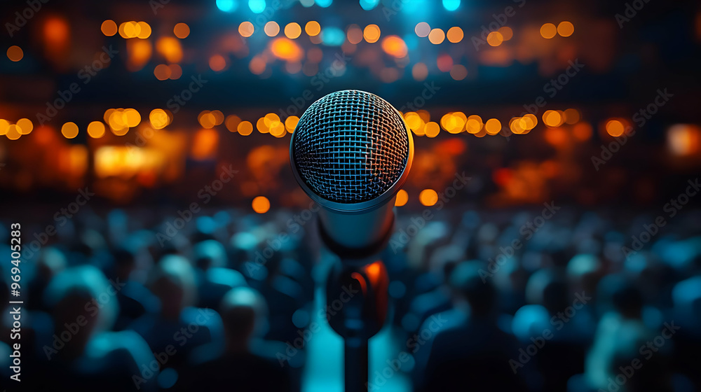 Poster a microphone in focus with a blurred audience in a performance setting.