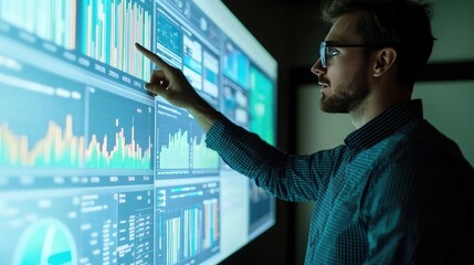 A data scientist pointing at a large digital screen filled with data visualizations and charts