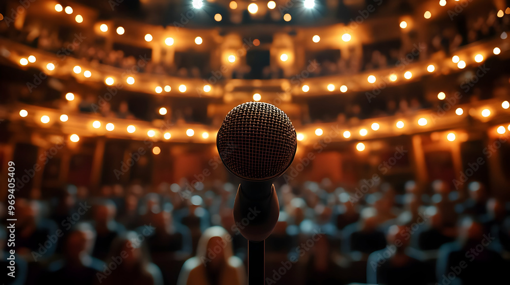 Poster a microphone stands in front of an audience in a theater, illuminated by soft lights.
