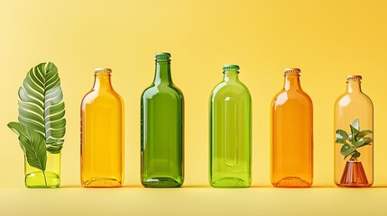 Sunlit colored glass bottles, beverage packaging, transparency effects, sunlight reflections, gradient colors, branding aesthetics