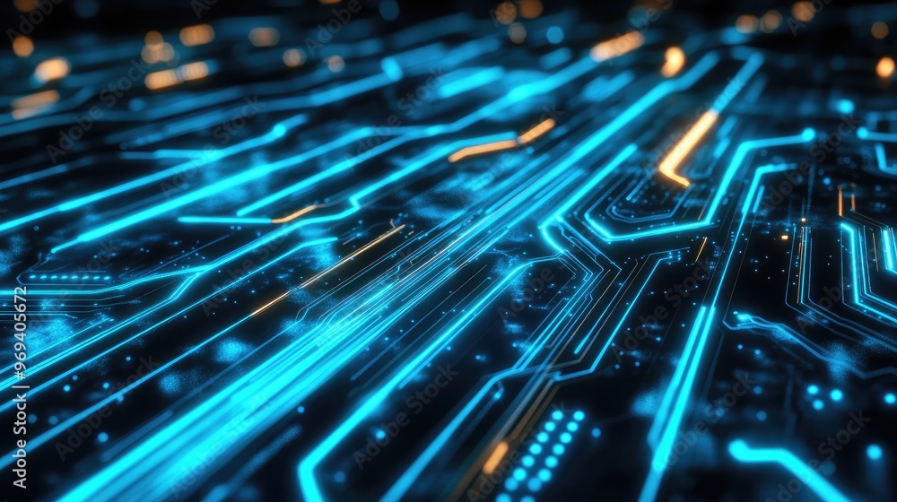 Poster a digital circuit board with light trails flowing across it, symbolizing the movement and processing