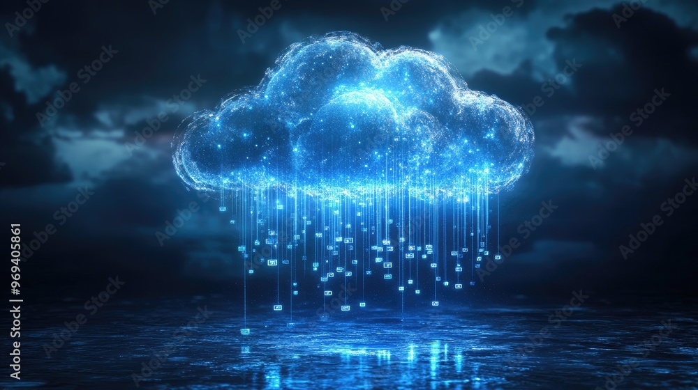 Poster a digital cloud with data falling like rain, symbolizing cloud computing and data storage solutions