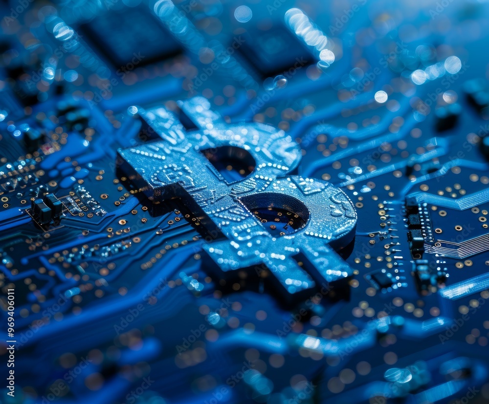 Poster close-up of a bitcoin symbol on a circuit board showcasing technology and cryptocurrency innovation 