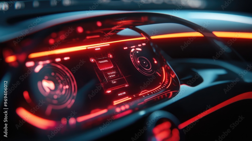 Poster a digital dashboard interface for a smart car, featuring holographic controls and advanced connectiv