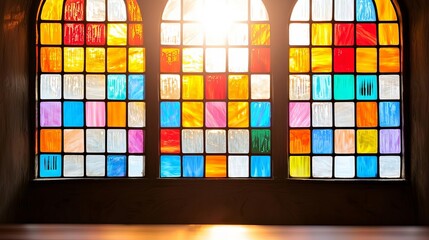 Stained glass windows in a historic church, sunlight streaming through, vibrant colors, intricate patterns, religious architecture, craftsmanship