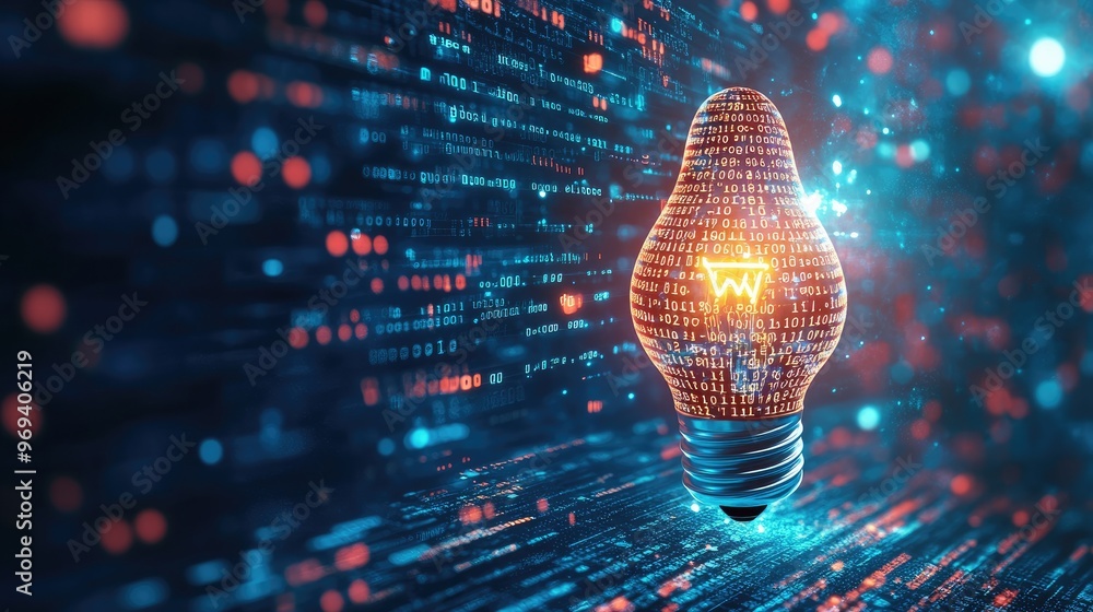 Poster a digital graphic of a light bulb with binary code, illustrating innovative ideas in software develo