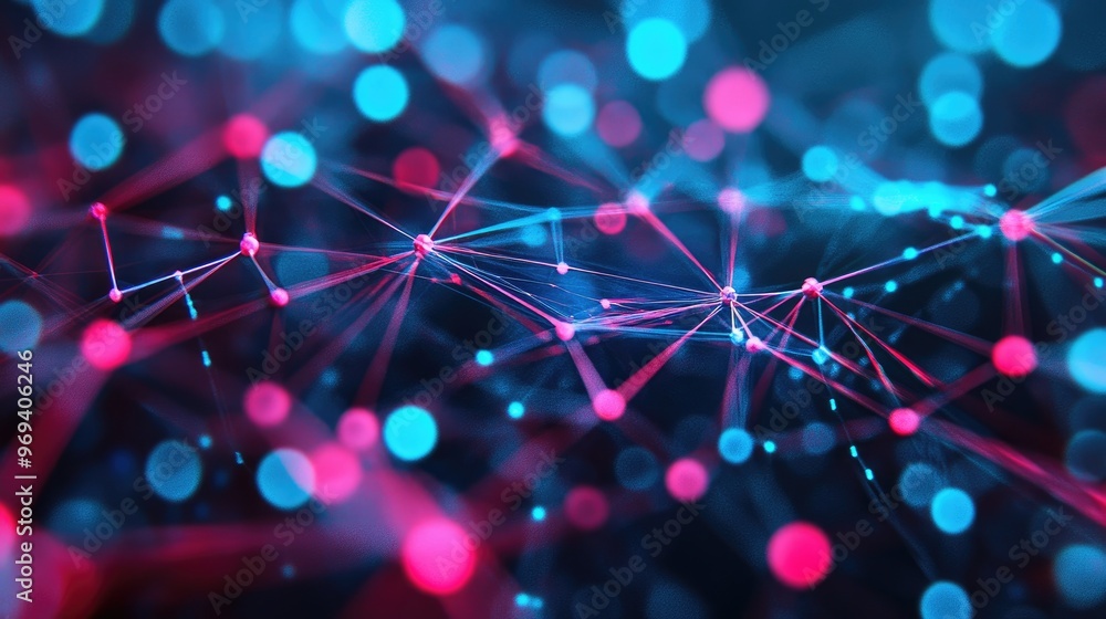 Poster a digital graphic of an interconnected web of dots and lines, representing a global digital network