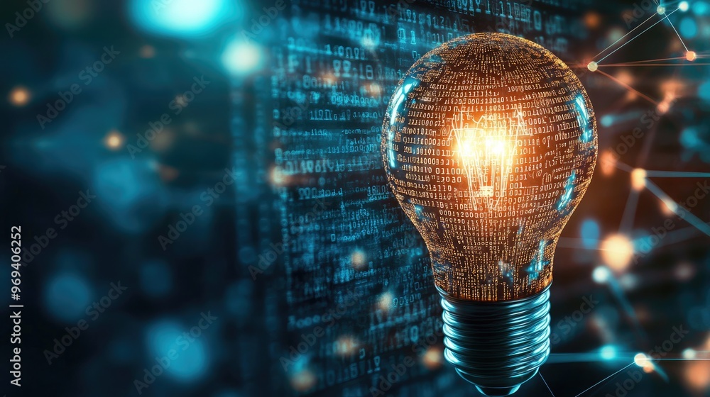 Poster a digital graphic of a light bulb with binary code, illustrating innovative ideas in software develo