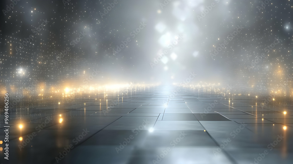 Poster a misty pathway illuminated by shimmering lights, creating a dreamlike atmosphere.