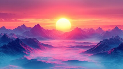 Fototapeta premium Peaceful Sunset on Mountain Peaks: Vibrant Colors at Dusk
