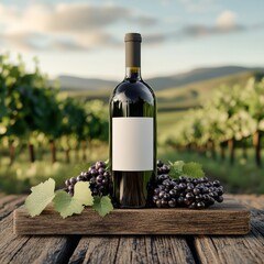 Isolated red wine bottle with green grapes on white background