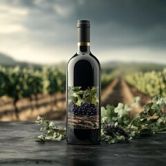 Isolated white wine bottle with red grapes on a black background