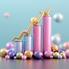 3D bar chart with upward arrow, representing financial growth and market success