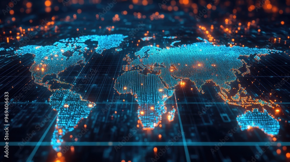 Poster a digital map with data points lighting up across various continents, showing global connectivity