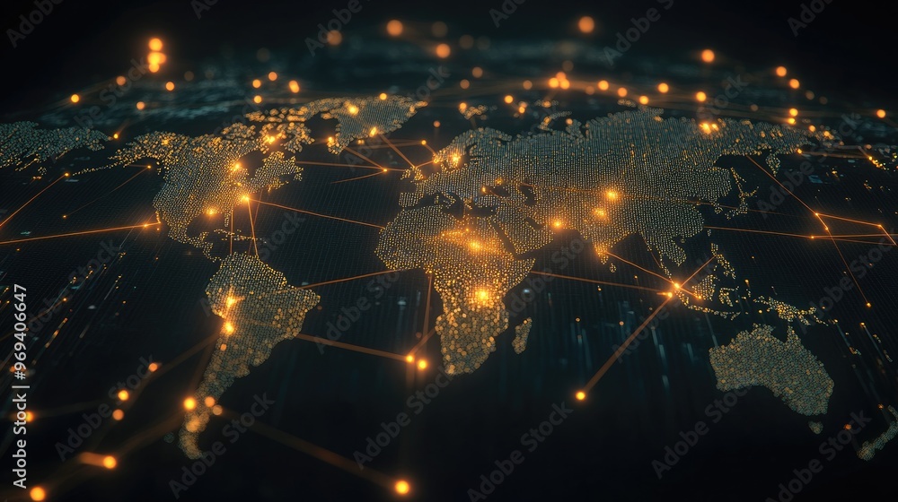 Poster a digital map with data points lighting up across various continents, showing global connectivity