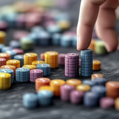 Poker chips scattered on a wooden table, surrounded by dice, cards, and a few buttons, reminiscent of a casino game night