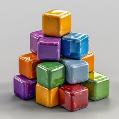 Colorful wooden blocks stacked in a square shape, a classic toy for children to play and build with