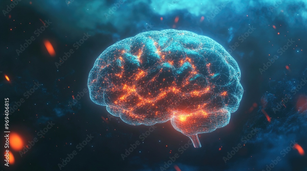 Poster a digital representation of a human brain with neural networks glowing, symbolizing creativity and i