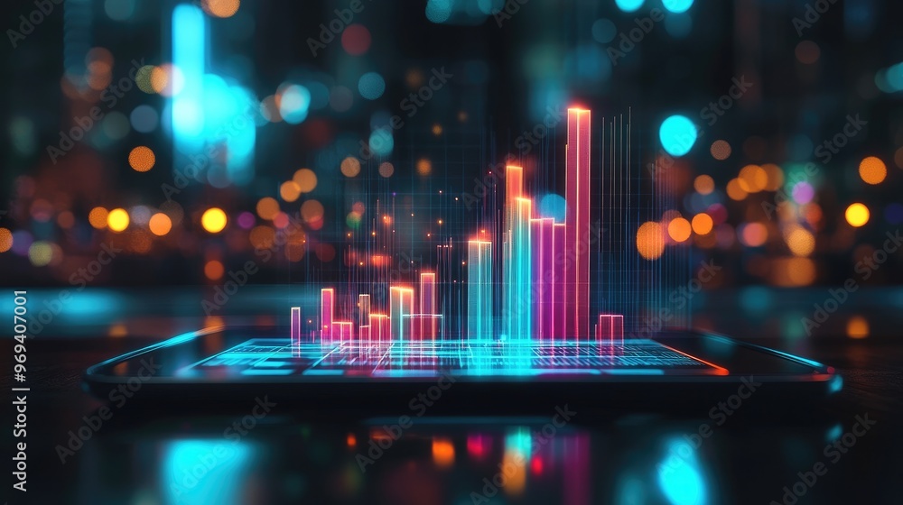 Poster a digital tablet with a holographic projection of data charts, representing modern business analytic
